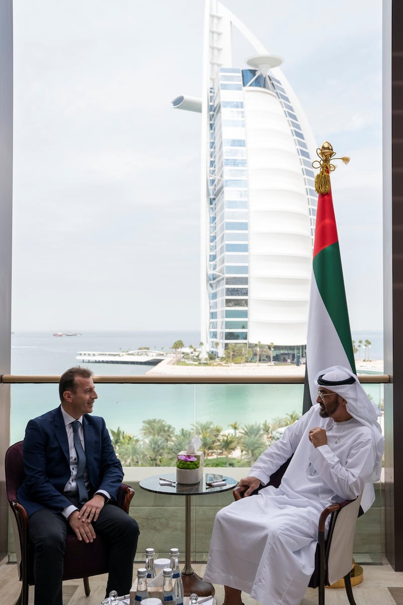 JUMEIRAH, DUBAI, UNITED ARAB EMIRATES - February 10, 2019: HH Sheikh Mohamed bin Zayed Al Nahyan Crown Prince of Abu Dhabi Deputy Supreme Commander of the UAE Armed Forces (R), meets with Guillaume Faury, President of Airbus’s commercial aircraft business (L), during the 2019 World Government Summit.

( Ryan Carter for the Ministry of Presidential Affairs )
---