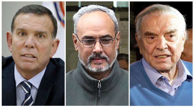 This combination of photos shows Juan Angel Napout, left, Manuel Burga, center, and Jose Maria Marin. The former soccer South American officials go on trial in New York on Monday, Nov. 13, 2017, on charges alleging they took bribes and kickbacks in exchange for marketing rights for major soccer tournaments. (AP Photos/File)