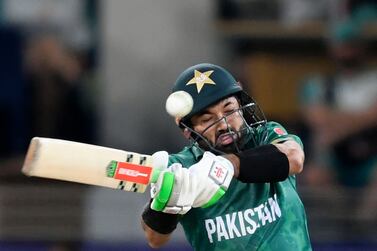 Pakistan's Mohammad Rizwan plays a shot during the ICC men’s Twenty20 World Cup semi-final match between Australia and Pakistan at the Dubai International Cricket Stadium in Dubai on November 11, 2021.  (Photo by Aamir QURESHI  /  AFP)