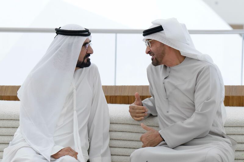 Sheikh Mohammed bin Rashid, Vice President and Ruler of Dubai, pictured with Sheikh Mohamed bin Zayed, Crown Prince of Abu Dhabi and Deputy Supreme Commander of the Armed Forces, at the UAE pavilion at Expo 2020. Wam