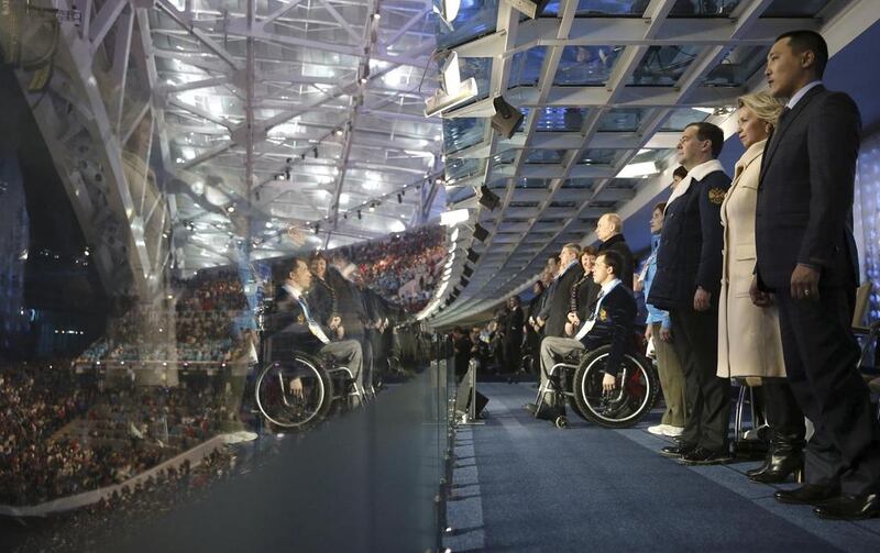Officials watch the opening ceremony of the 2014 Paralympic Winter Games in Sochi on Friday. Dmitry Astakhov / Reuters / RIA Novosti / March 7, 2014