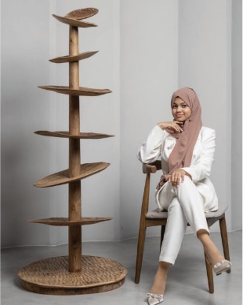 Moufida Mohideen was named the winner of the Emergent Designer Prize for her ‘Ascension’ book stand. Photo: Tashkeel