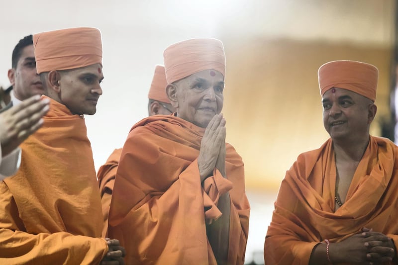 ABU DHABI, UNITED ARAB EMIRATES - April 20 2019.

His Holiness Mahant Swami Maharaj, the spiritual leader of BAPS Swaminarayan Sanstha

The Shilanyas Vidhi, The Foundation
ceremony of the first traditional Hindu Mandir in Abu Dhabi, UAE. The Vedic ceremony is performed in the holy presence of His Holiness Mahant Swami Maharaj, the spiritual leader of BAPS Swaminarayan Sanstha.

(Photo by Reem Mohammed/The National)

Reporter:
Section: NA + BZ