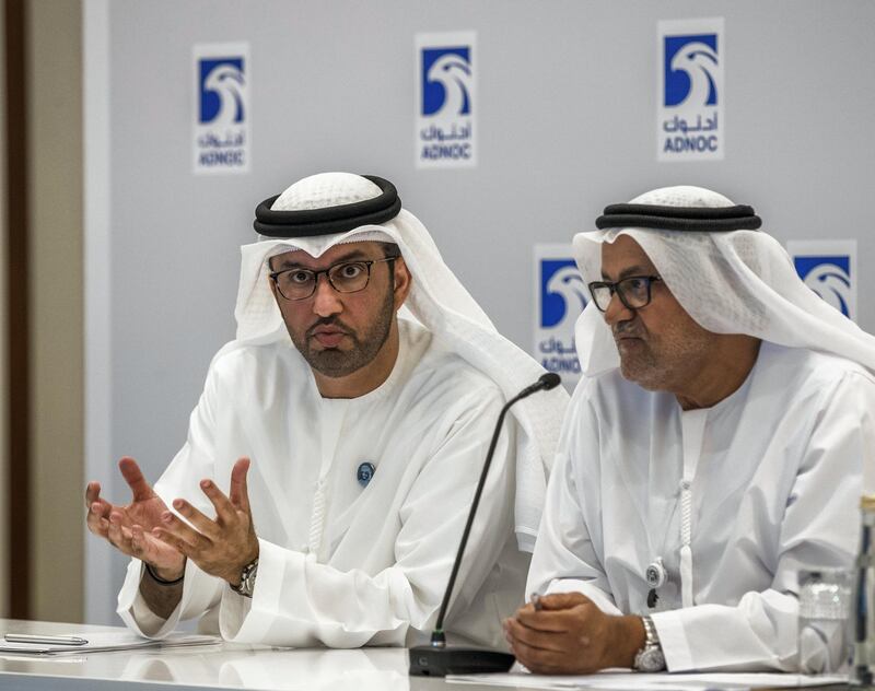Abu Dhabi, UAE,  April 10, 2018.  Press conf by ADNOC group's CEO, Dr. Sultan Ahmed Al Jaber announcing a major upstream resource development opportunity.  (L-R) Dr. Sultan Ahmed Al Jaber and Abdulmunim Al Kindy, Director of UPSTREAM Adnoc Group.
Victor Besa / The National
Business
Reporter:  Mustafa Al Rawi