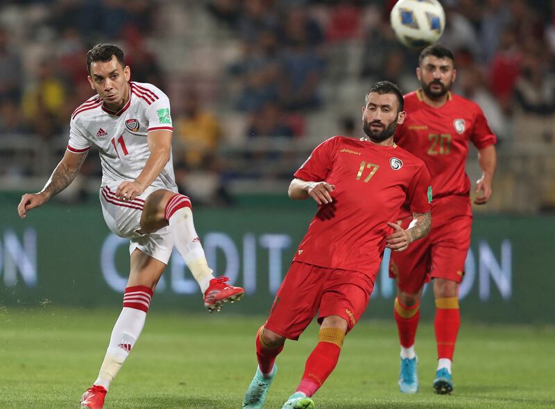 UAE forward Caio Canedo attempts a shot during the 2022 World Cup qualifier against Syria. The match ended 1-1. AFP