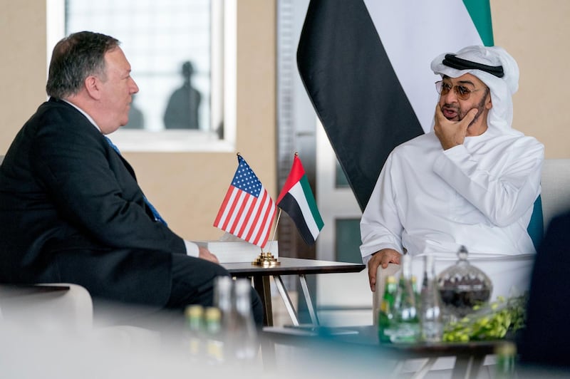 Sheikh Mohammed speaks with Mr Pompeo as they meet at the Al Shati Palace. AP Photo