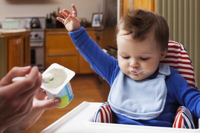 Caucasian mother's hand feeding her enthusiastic baby son yoghurt from a container while he is seated in a high chair in the kitchen. Getty Images