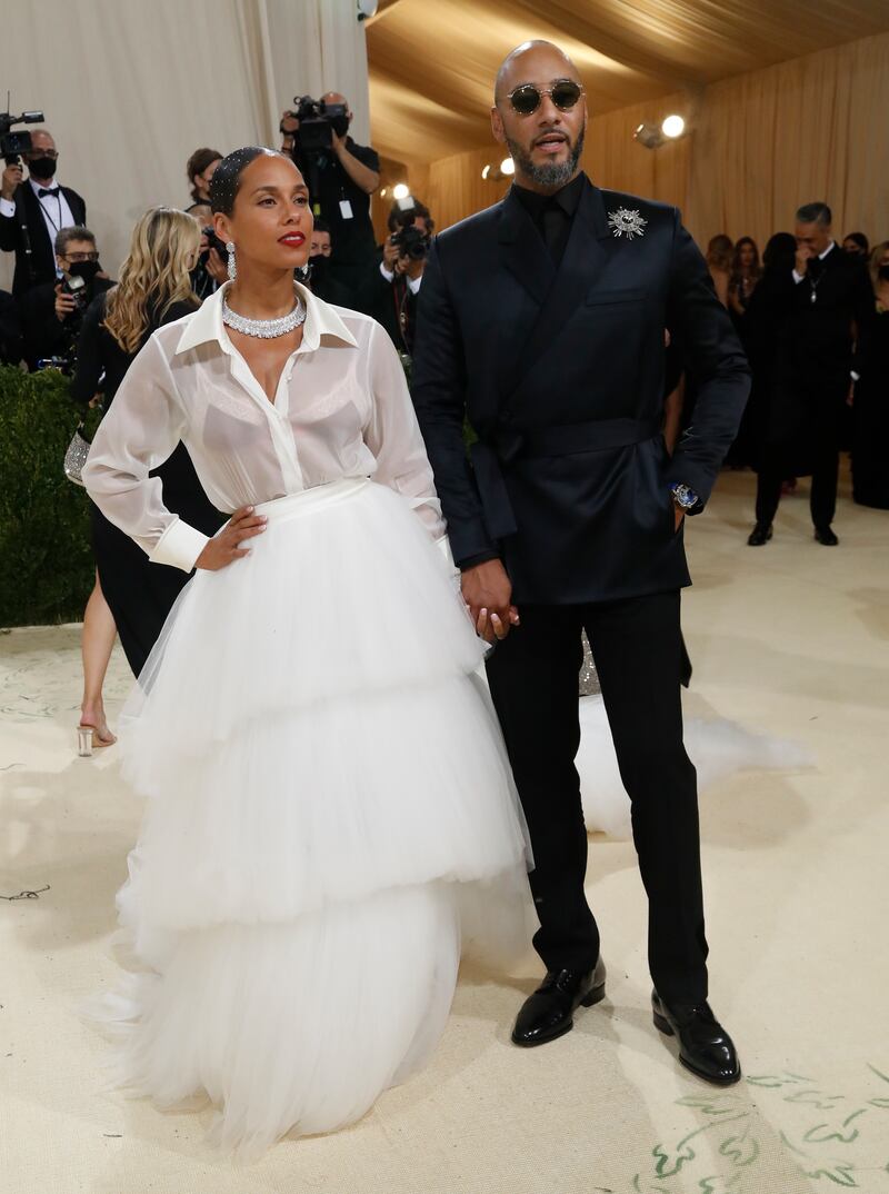 Alicia Keys, wearing AZ Factory, and Swizz Beatz attend the 2021 Met Gala. Reuters