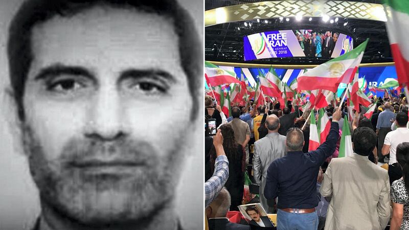 Left: Iranian diplomat Assadollah Assadi, right: the gathering of the National Council of Resistance of Iran in Villepinte in June 2018. US Embassy Iran/AFP