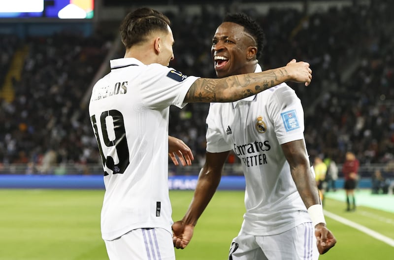 Vinicius Junior celebrates with teammate Daniel Ceballos  after scoring Real Madrid's fifth goal. EPA