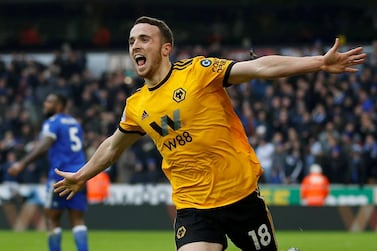 Soccer Football - Premier League - Wolverhampton Wanderers v Leicester City - Molineux Stadium, Wolverhampton, Britain - January 19, 2019 Wolverhampton Wanderers' Diogo Jota celebrates scoring their fourth goal to complete his hat-trick Action Images via Reuters/Craig Brough EDITORIAL USE ONLY. No use with unauthorized audio, video, data, fixture lists, club/league logos or "live" services. Online in-match use limited to 75 images, no video emulation. No use in betting, games or single club/league/player publications. Please contact your account representative for further details. TPX IMAGES OF THE DAY