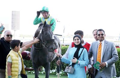 DUBAI , UNITED ARAB EMIRATES , Mar 7 – 2020 :- Tadhg O’Shea  (no 10) guides Wafy  (IRE)  to win the 2nd horse race Mahab Al Shimaal, 1200m Dirt during the Super Saturday meeting at the Meydan Racecourse in Dubai. Super Saturday is the dress rehearsal for the Dubai World Cup. ( Pawan Singh / The National ) For Sports. Story by Amith