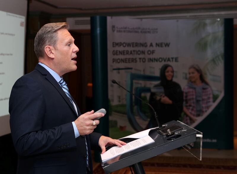 Dubai, United Arab Emirates - October 18th, 2017: L-R Rupert Merrick, Director of Marketing at BMI. The announcement that Dubai International Academic City (DIAC) partnered with BMI Media to launch a market research study, identifying transnational student mobility trends and future employment preferences across a wide selection of developing countries. Wednesday, October 18th, 2017 at Crowne Plaza Hotel, Sheikh Zayed Road, Dubai. Chris Whiteoak / The National