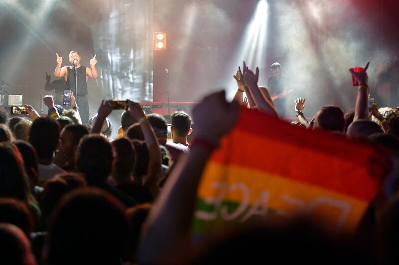 Hamed Sinn of Mashrou' Leila performs in Amchit, Lebanon. EPA