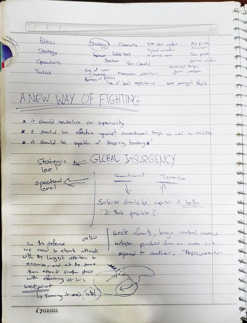 Notes on 'Global Insurgency' in the notebook of an ISIS fighter found in Raqqa.