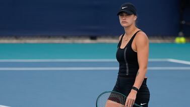 Aryna Sabalenka on the practice court at the Miami Open on Wednesday, two days after former boyfriend Konstantin Koltsov died. AP