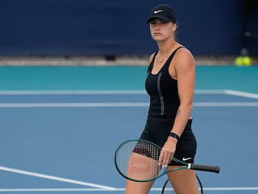 Aryna Sabalenka on the practice court at the Miami Open on Wednesday, two days after former boyfriend Konstantin Koltsov died. AP