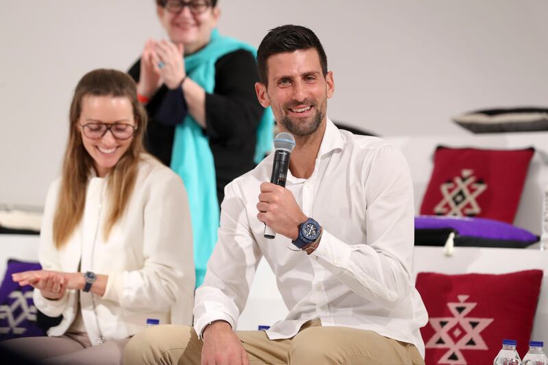 Novak Djokovic, pictured with his wife, Jelena, gives a presentation at Expo 2020 Dubai about his foundation, which develops early childhood education projects in Serbia and gives grants to educational initiatives. Khushnum Bhandari / The National