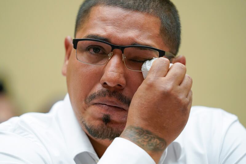 Miguel Cerrillo, father of Miah Cerrillo, a grade four pupil at Robb Elementary School in Uvalde, Texas, wipes away tears as he speaks during a House Committee on Oversight and Reform hearing on gun violence on Capitol Hill in Washington. EPA