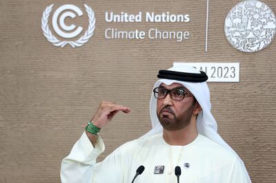Dr Sultan Al Jaber, Cop28 President, speaks to the media at the summit on Sunday. Chris Whiteoak / The National