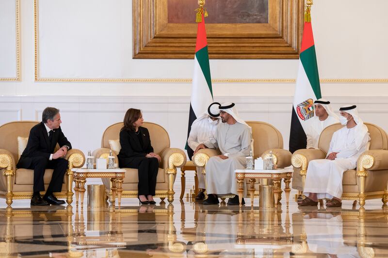 US Secretary of State Antony Blinken and Ms Harris offer condolences to the President, Sheikh Mohamed, and Sheikh Hazza bin Zayed, Deputy Chairman of Abu Dhabi Executive Council.