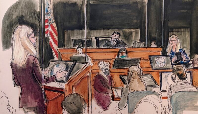 This courtroom sketch shows defence attorney Laura Menninger, far left, as she cross examines a witness. AP