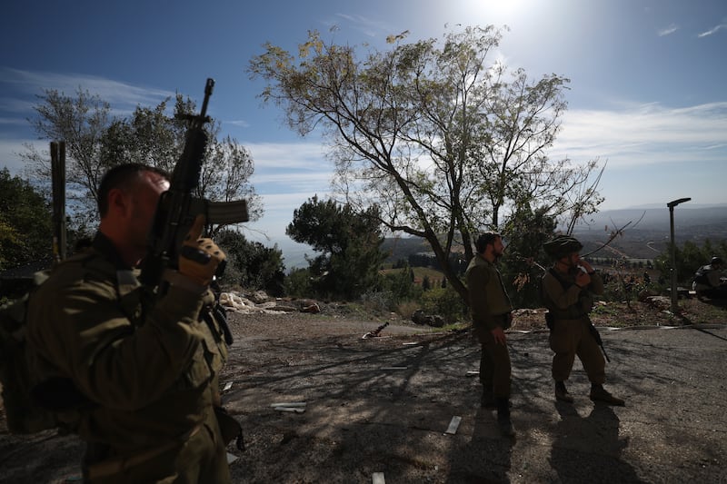 Israeli soldiers at Kibbutz Manara on the Israeli-Lebanon border.  EPA