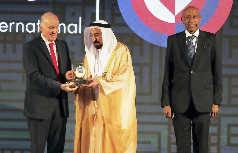 SHARJAH,  UNITED ARAB EMIRATES , May 1– 2019 :- Left to Right -  Dr. Kamel Assaad Mohanna, President – Founder, Amel Association International , H.H. Sultan bin Muhammad Al-Qasimi , Ruler of Sharjah and Mr. Amin Awad, UNHCR Director for the Middle East and North Africa Bureau during the Sharjah International Award for Refugee Advocacy and Support held at Sharjah Police Academy in Sharjah. ( Pawan Singh / The National ) For News. Story by Patrick