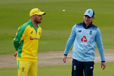 Australia's captain Aaron Finch, left, and England's captain Eoin Morgan ahead of the first ODI in Manchester. AP