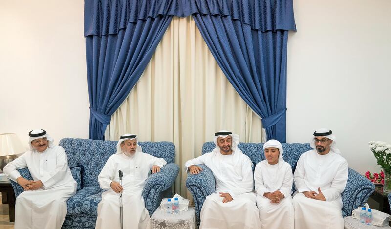 ABU DHABI, UNITED ARAB EMIRATES - October 09, 2017: HH Sheikh Mohamed bin Zayed Al Nahyan, Crown Prince of Abu Dhabi and Deputy Supreme Commander of the UAE Armed Forces (3rd R) visits the home of his former teacher, Ahmed Mandi (4th R), at Khalifa City. Seen with HH Sheikh Zayed bin Mohamed bin Hamad bin Tahnoon Al Nahyan (2nd R) and HH Major General Sheikh Khaled bin Mohamed bin Zayed Al Nahyan, Deputy National Security Adviser (R).
( Mohamed Al Hammadi / Crown Prince Court - Abu Dhabi )
---
