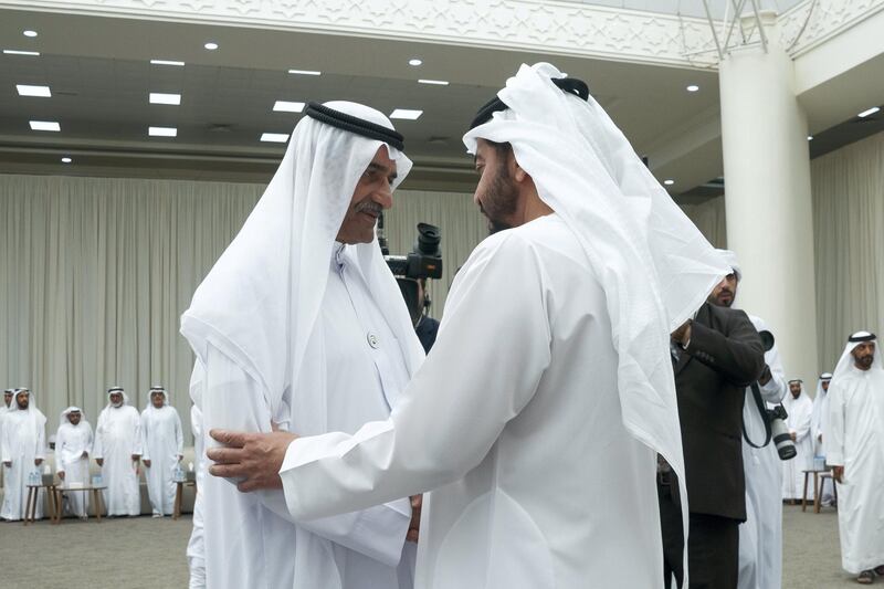 ABU DHABI, UNITED ARAB EMIRATES - October 02, 2019: HH Sheikh Hamdan bin Zayed Al Nahyan, Ruler’s Representative in Al Dhafra Region (R) and HH Sheikh Hamad bin Mohamed Al Sharqi, UAE Supreme Council Member and Ruler of Fujairah (L), attend the condolences on the passing of the late Suhail bin Mubarak Al Ketbi, at Al Mushrif Palace.

( Mohamed Al Hammadi / Ministry of Presidential Affairs )
---