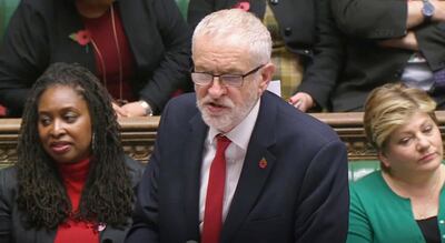 In this image taken from video British Labour party leader Jeremy Corbyn speaking in the House of Commons, London, Tuesday Oct. 29, 2019. Britain is on course for a December general election after Jeremy Corbyn announced that Labour's conditions to back the move had been met. (House of Commons via AP)