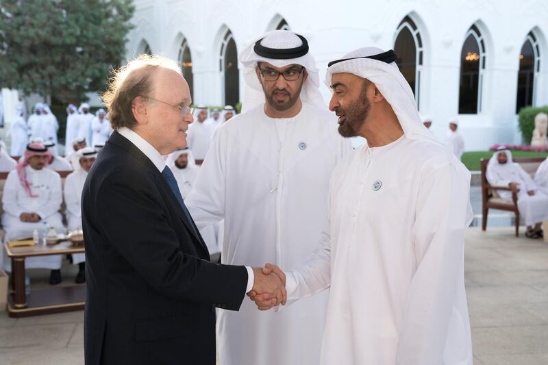 ABU DHABI, UNITED ARAB EMIRATES - November 12, 2018: HH Sheikh Mohamed bin Zayed Al Nahyan Crown Prince of Abu Dhabi Deputy Supreme Commander of the UAE Armed Forces (R), receives executives from top international and regional oil and gas companies, during a Sea Palace barza. Seen with HE Dr Sultan Ahmed Al Jaber, UAE Minister of State, Chairman of Masdar and CEO of ADNOC Group (C).
( Hamad Al Kaabi / Ministry of Presidential Affairs )?
---