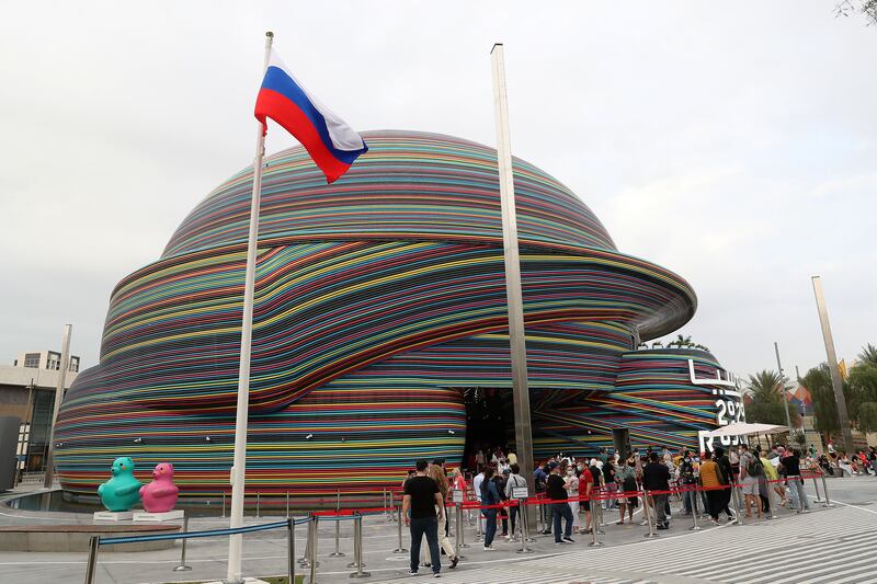 Visitors outside the Russia pavilion.