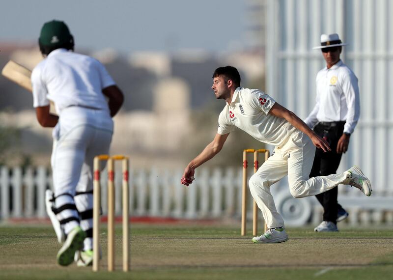 Abu Dhabi, United Arab Emirates - November 18, 2018: England's Mark Wood bowls in the game between Pakistan A and the England Lions. Sunday the 18th of November 2018 at the Nursery Oval, Zayed cricket stadium, Abu Dhabi. Chris Whiteoak / The National