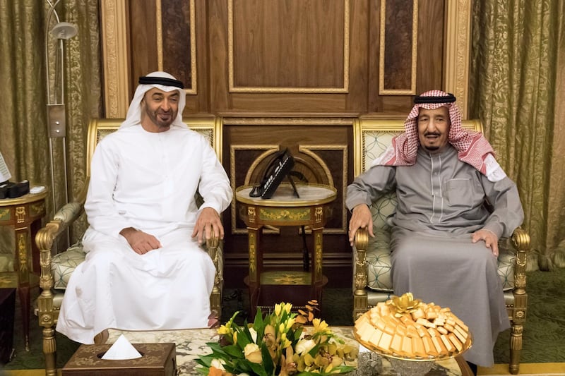 RIYADH, SAUDI ARABIA- December 13, 2017: HH Sheikh Mohamed bin Zayed Al Nahyan, Crown Prince of Abu Dhabi and Deputy Supreme Commander of the UAE Armed Forces (L) meets with HM King Salman Bin Abdulaziz Al Saud, of Saudi Arabia and Custodian of the Two Holy Mosques (R), at Arqa Palace.

( Hamad Al Kaabi / Crown Prince Court - Abu Dhabi )
---