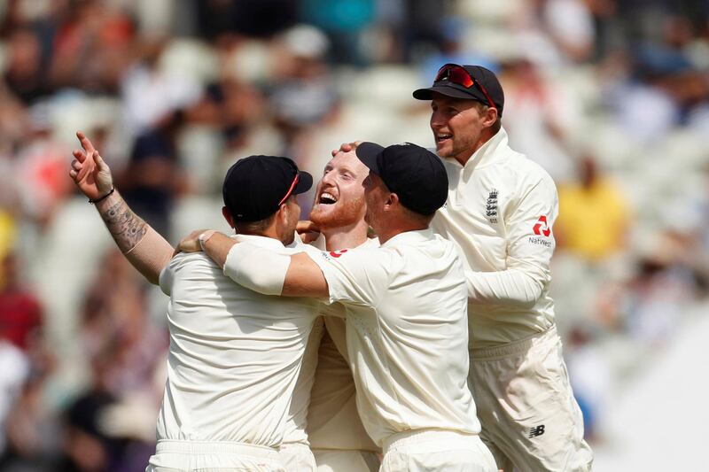 England's Ben Stokes celebrates after taking the final wicket of India's Hardik Pandya at Edgbaston. Reuters