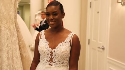 Close-up of Helecia Williams in The Dress, a MAISON SIGNORE gown.