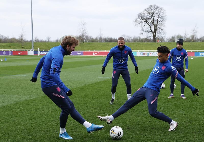 BURTON UPON TRENT, ENGLAND - MARCH 23: Harry Kane, Kyle Walker, Ollie Watkins and Kieran Trippier of England in action during a training session ahead of an upcoming FIFA World Cup Qatar 2022 Euro Qualifier against San Marino at St George's Park on March 23, 2021 in Burton upon Trent, England. (Photo by Eddie Keogh - The FA/The FA via Getty Images)