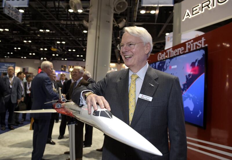 Texas billionaire Robert Bass stands with a model of a planned supersonic business jet during a news conference at the National Business Aviation Association (NBAA) Business Aviation Convention & Exhibition in Orlando, Florida, U.S., on Tuesday, Oct. 21, 2014. Bass’s Aerion Corp. will get help from Europe’s Airbus Group NV in its quest to have the supersonic jet ready by 2021. Photographer: Phelan M. Ebenhack/Bloomberg *** Local Caption *** Robert Bass