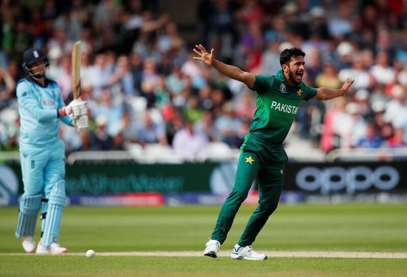 Cricket - ICC Cricket World Cup - England v Pakistan - Trent Bridge, Nottingham, Britain - June 3, 2019   Pakistan's Hasan Ali appeals for LBW against England's Joe Root   Action Images via Reuters/Andrew Boyers