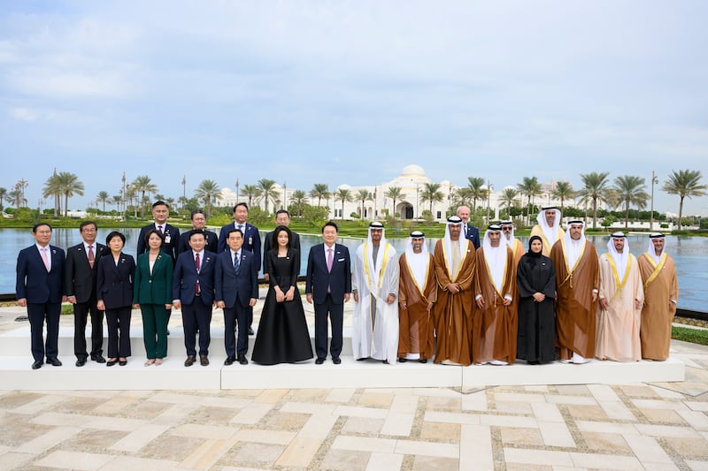 Sheikh Mohamed and Mr Yoon with senior officials, including Dr Sultan Al Jaber, UAE Minister of Industry and Advanced Technology and Group CEO of Adnoc, Suhail Al Mazrouei, UAE Minister of Energy and Infrastructure, Sarah Al Amiri, UAE Minister of State for Public Education and Advanced Technology, and Dr Thani Al Zeyoudi, UAE Minister of State for Foreign Trade