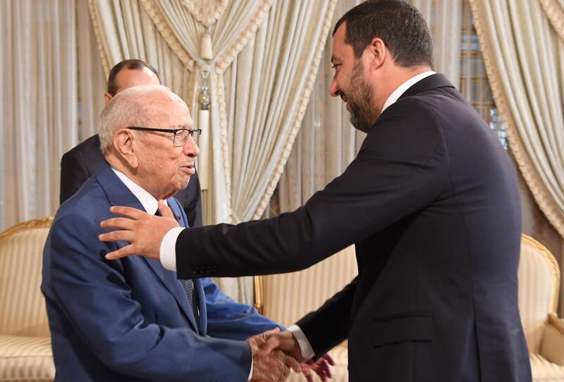 Tunisian President Beji Caid Essebsi meets Italian Interior Minister Matteo Salvini in Tunis, Tunisia. AFP