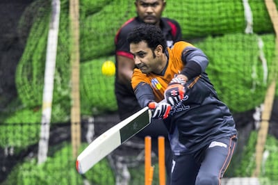 Dubai, United Arab Emirates, August 29, 2017:     Sameer Nayak bats during a training session with the UAE national indoor cricket team at Insportz in the Al Quoz area of Dubai on August 29, 2017. The indoor cricket world cup will be held in Dubai September 16-23, it will be the first time the UAE is fielding a team. Christopher Pike / The National

Reporter: Paul Radley
Section: Sport