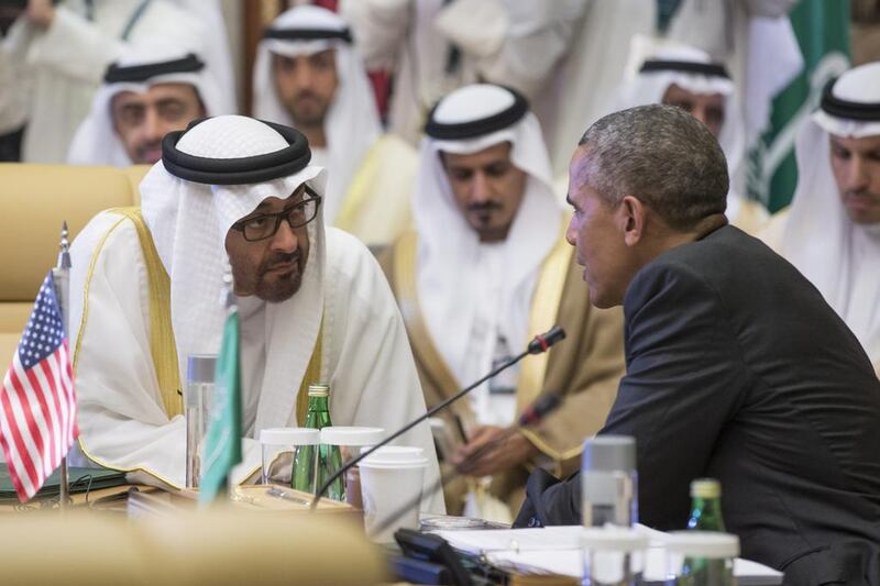 Sheikh Mohammed bin Zayed speaks with US president Barack Obama during the GCC-US Summit in Riyadh in April. Ryan Carter / Crown Prince Court — Abu Dhabi