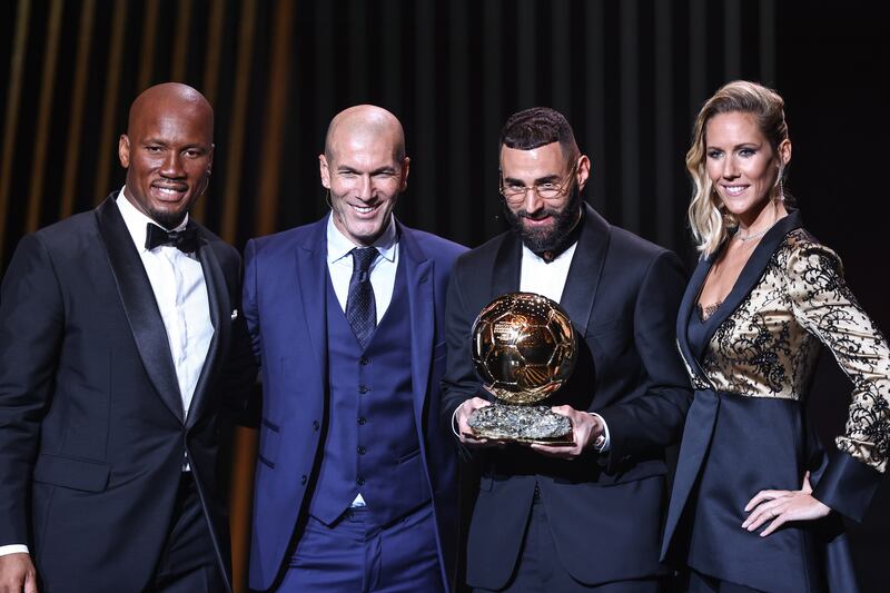 Didier Drigba, Zinedine Zidane, Karim Benzema and French-British TV journalist Sandy Heribert. EPA