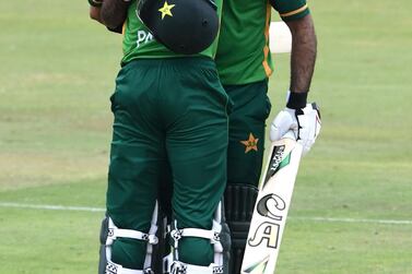 PRETORIA, SOUTH AFRICA - APRIL 07: Fakhar Zaman of Pakistan celebrates his 100 runs with Babar Azam of Pakistan during the 3rd Betway ODI between South Africa and Pakistan at SuperSport Park on April 07, 2021 in Pretoria, South Africa. (Photo by Lee Warren/Gallo Images/Getty Images)