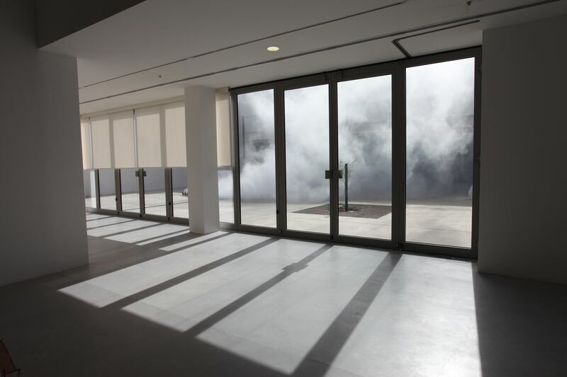 Shiro Takatani, composition, 2013, Fog machine (water, nozzle, pump) and motorised mirror, commissioned by Sharjah Art Foundation, image courtesy of Sharjah Art Foundation.

For Arts & Life.  Story by Anna Seanman.

Story on a preview to Sharjah Biennial that opens Mar 13.