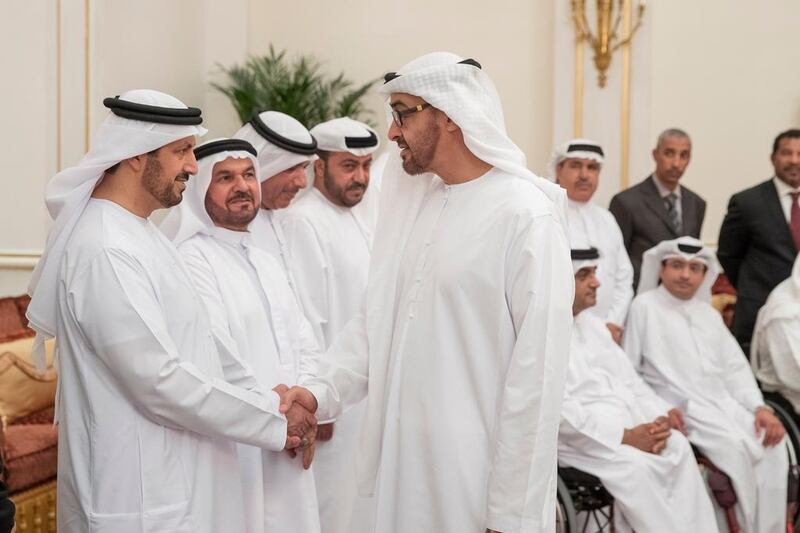 Sheikh Mohammed bin Zayed, Crown Prince of Abu Dhabi and Deputy Supreme Commander of the Armed Forces, receives members of the National Paralympic team who participated in the 2016 Rio Paralympic Games, during a Sea Palace barza.