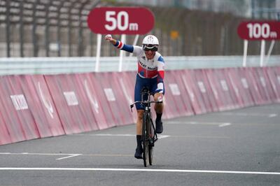 Sarah Storey celebrates winning the gold medal in the women's C5 Time Trial. Getty